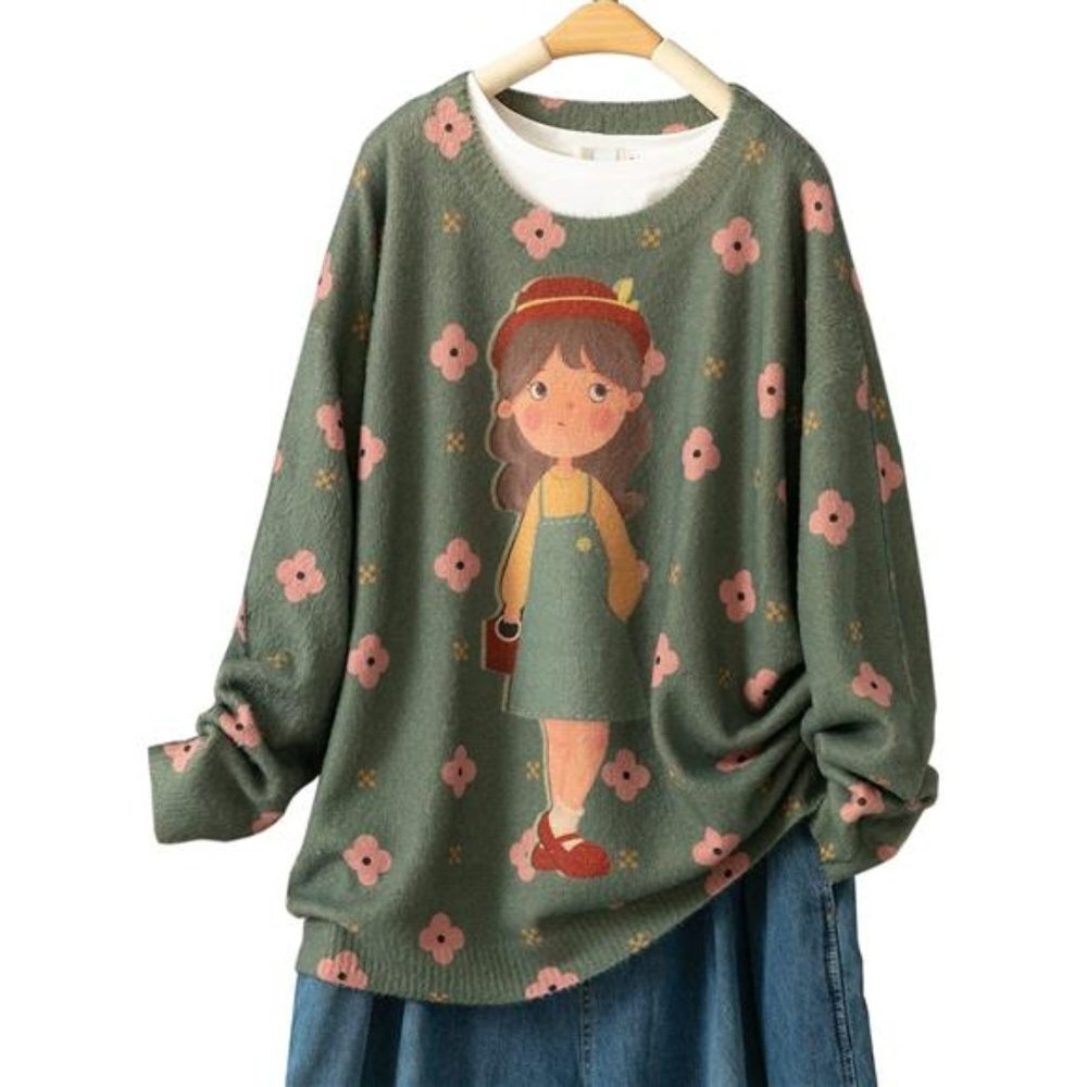 Oversized Pullover Sweaters Women Sweater Graphic Casual Loose Long Sleeve Knit - Picture 2 of 4